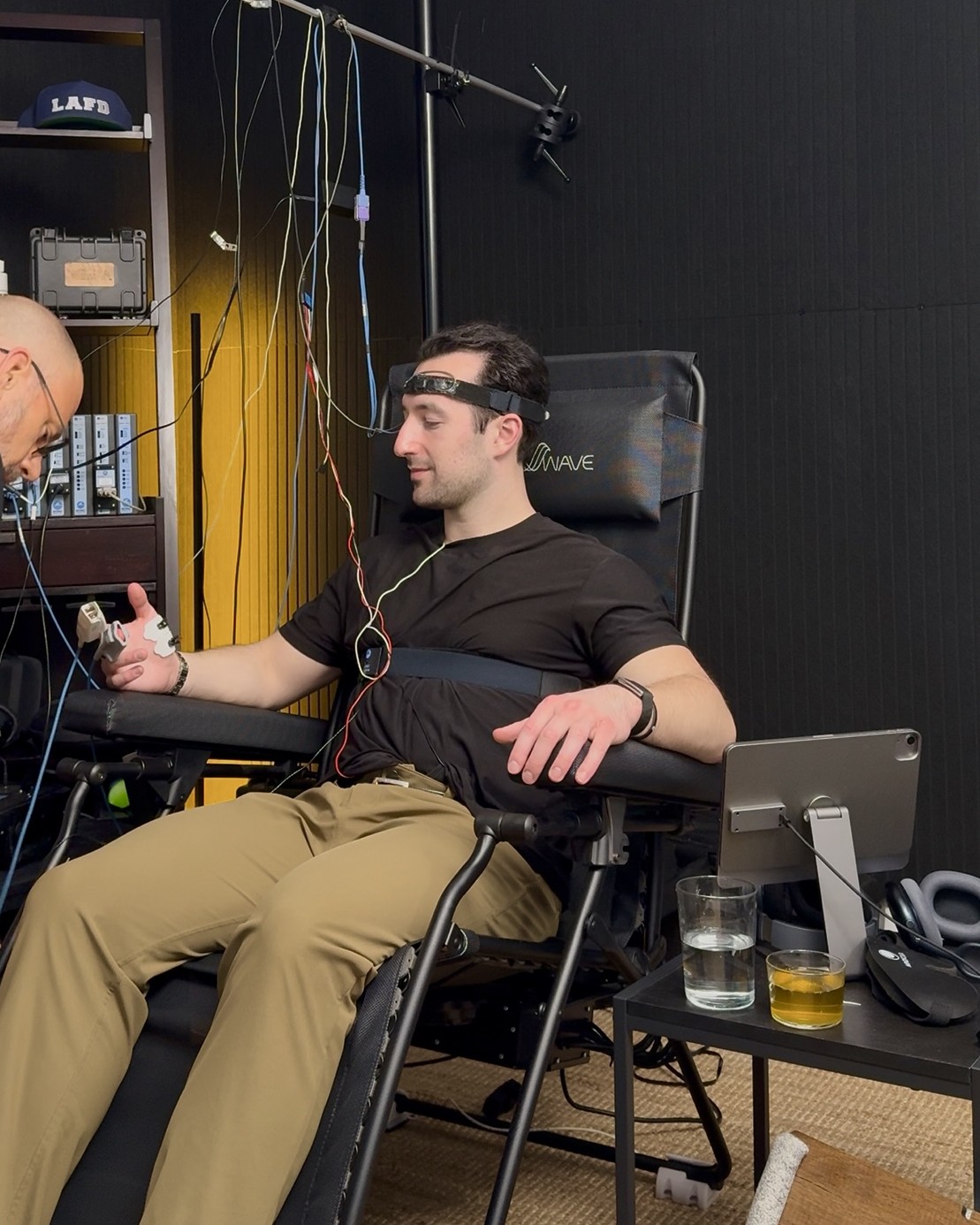 Adam undergoing physiological lab testing with sensors attached